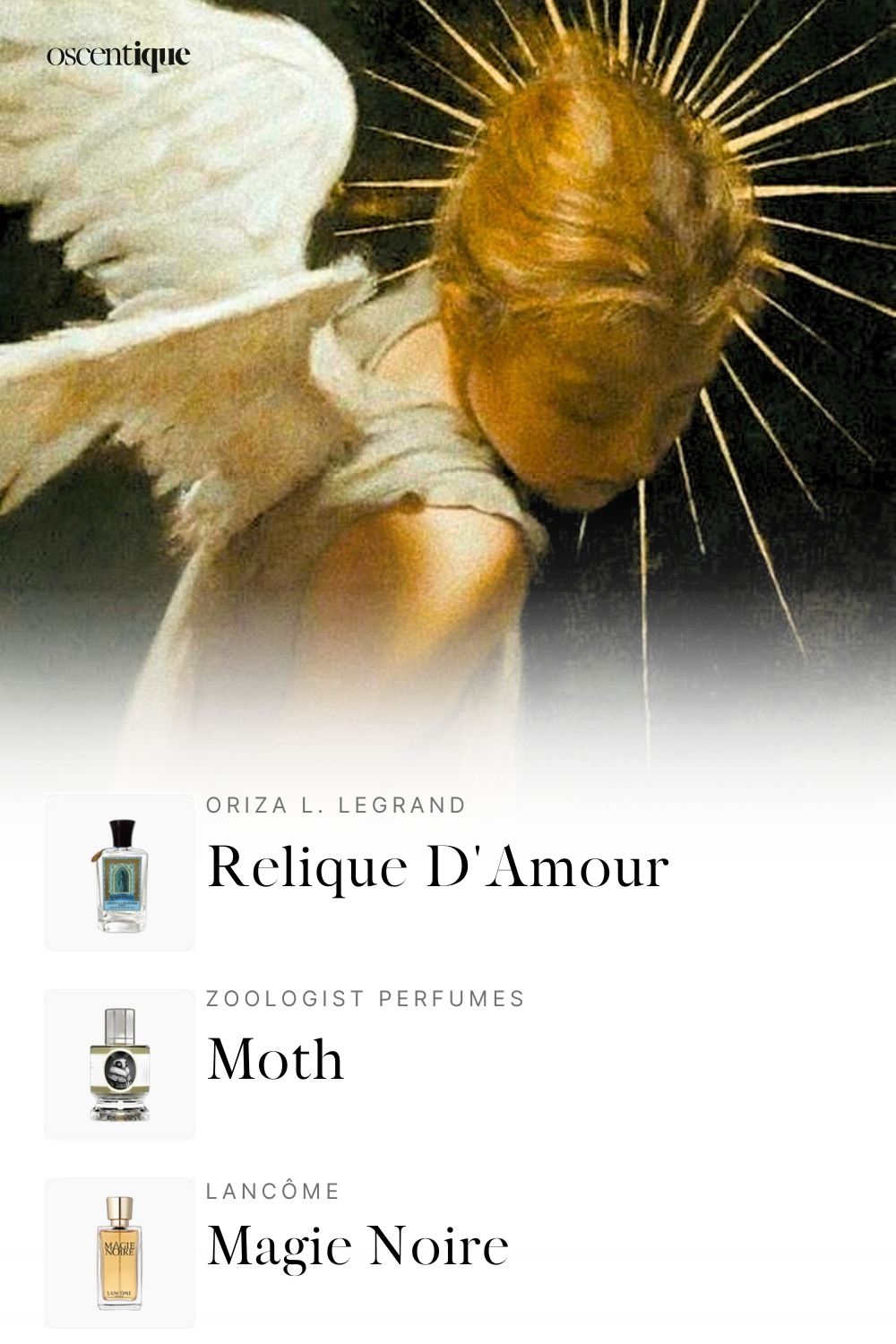 Golden angel with soft wings and halo in warm light. Sacred and contemplative atmosphere. Below, three perfumes appear: Relique d\