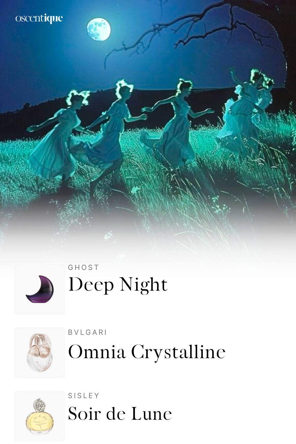 Women running through a glowing blue moonlit field at night.