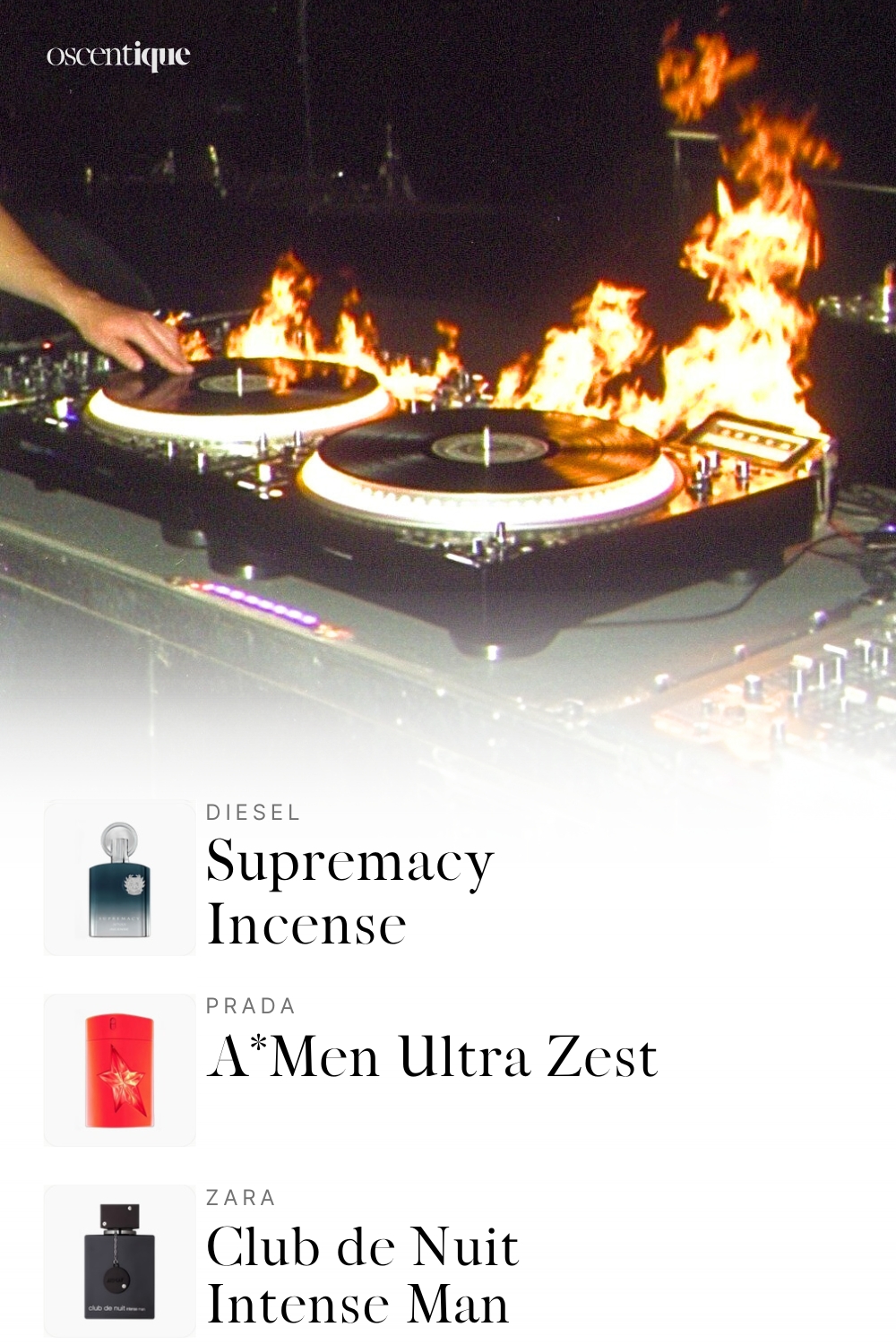 Close-up of DJ setup at night with turntables and mixer, bright flames rising behind spinning vinyl in dark club.