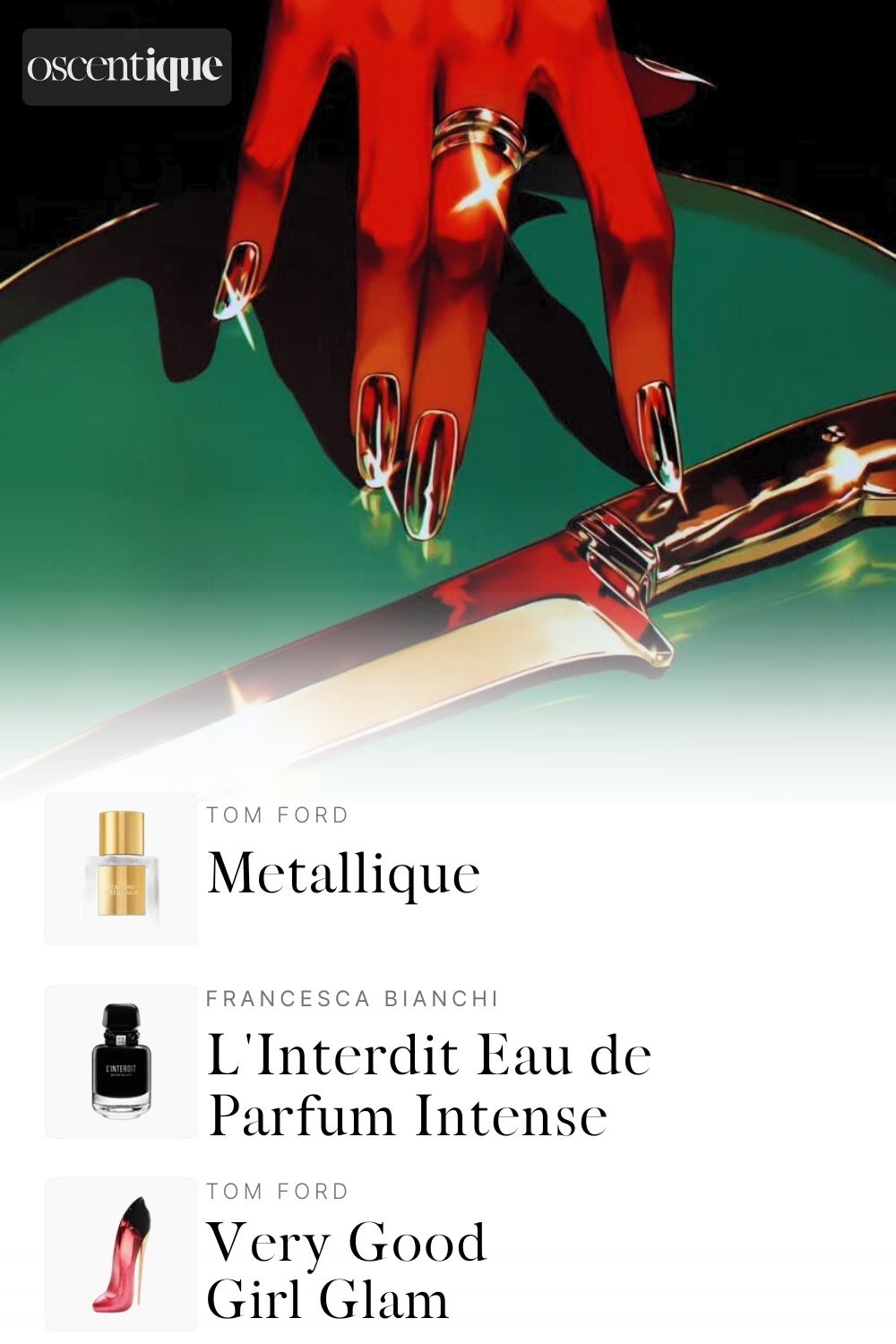 A metallic hand with chrome nails over a knife and deep green light. Below, three perfumes appear: Tom Ford Metallique, Givenchy L\
