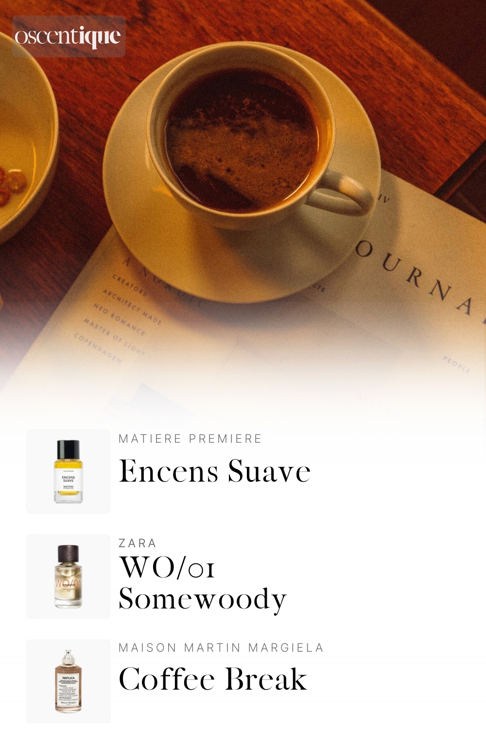 A cup of coffee on a warm wooden table. Golden light and quiet morning tones. Below, three perfumes appear: Matière Première Encens Suave, Zara WO/01 Somewoody, and Maison Martin Margiela Coffee Break.