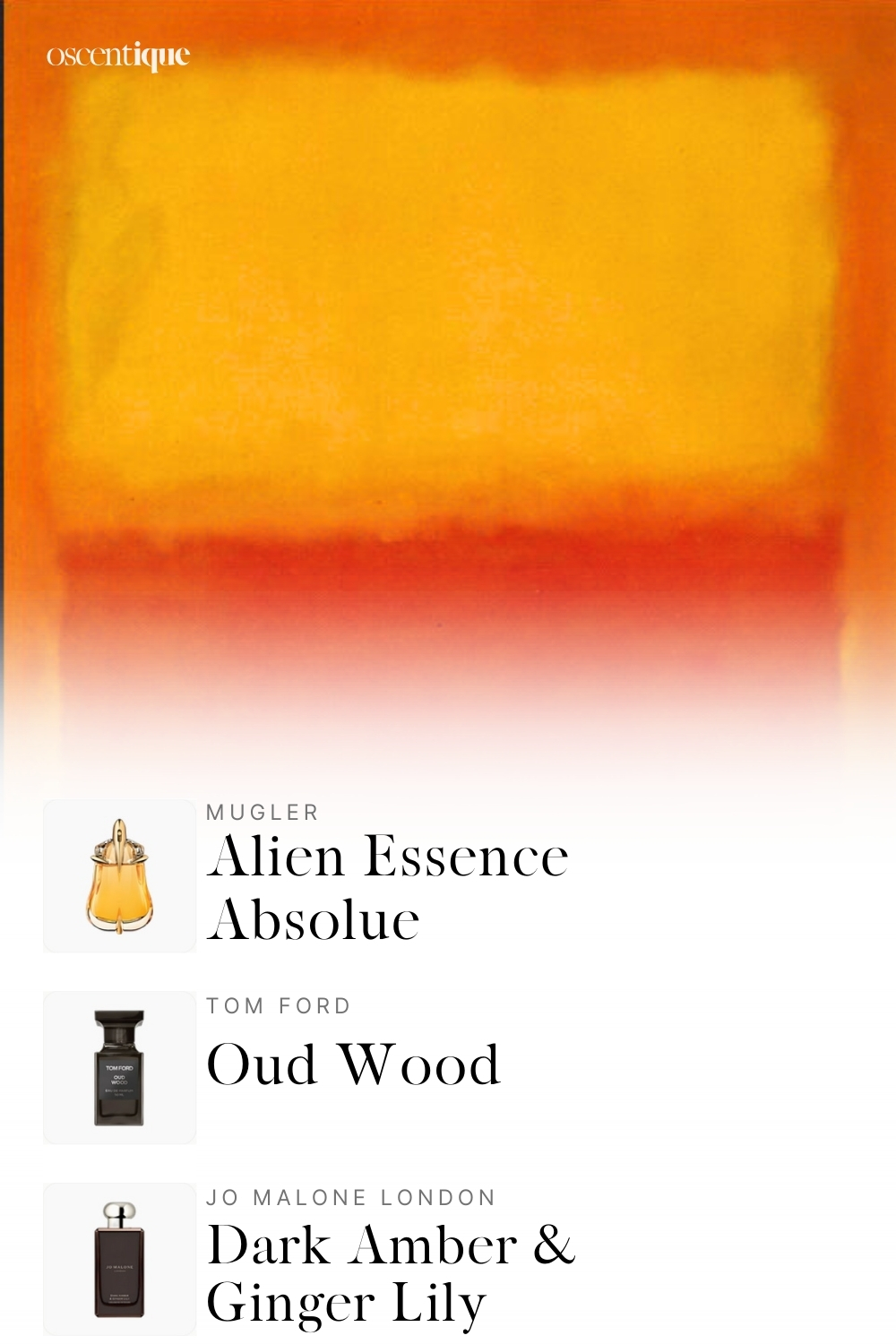 A warm gradient of deep orange and glowing yellow reminiscent of a Rothko painting, evoking heat, desert air, and soft radiance. Featured fragrances: Tauer L\