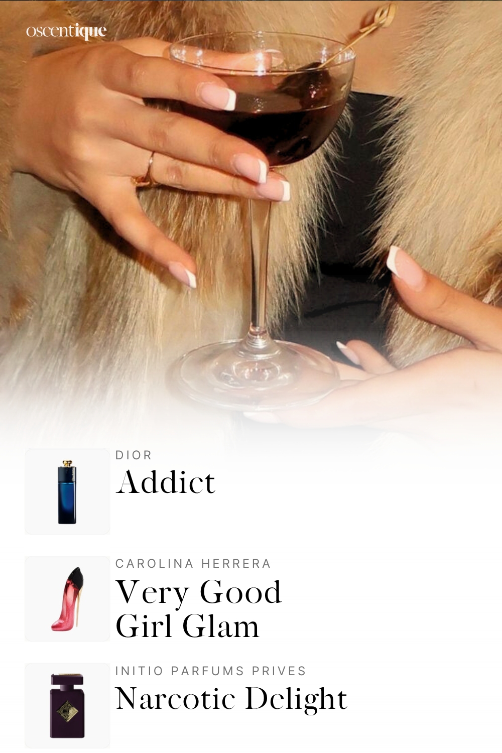 Hands with a French manicure holding a dark cocktail over beige fur. Warm, deep nightlife energy.