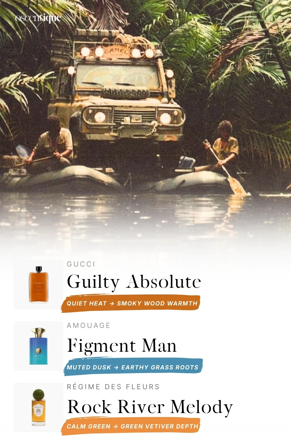 Vehicle crossing a river in dense jungle vegetation, paired with three earthy, green perfumes evoking heat and depth.