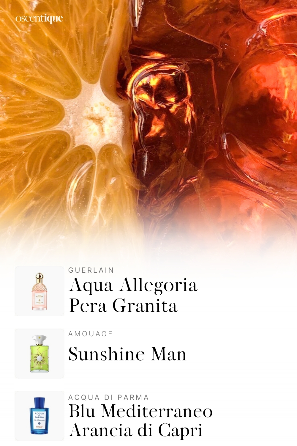 Close-up of citrus fruit frozen in ice, with three bright, citrus-forward perfumes matching its refreshing mood.