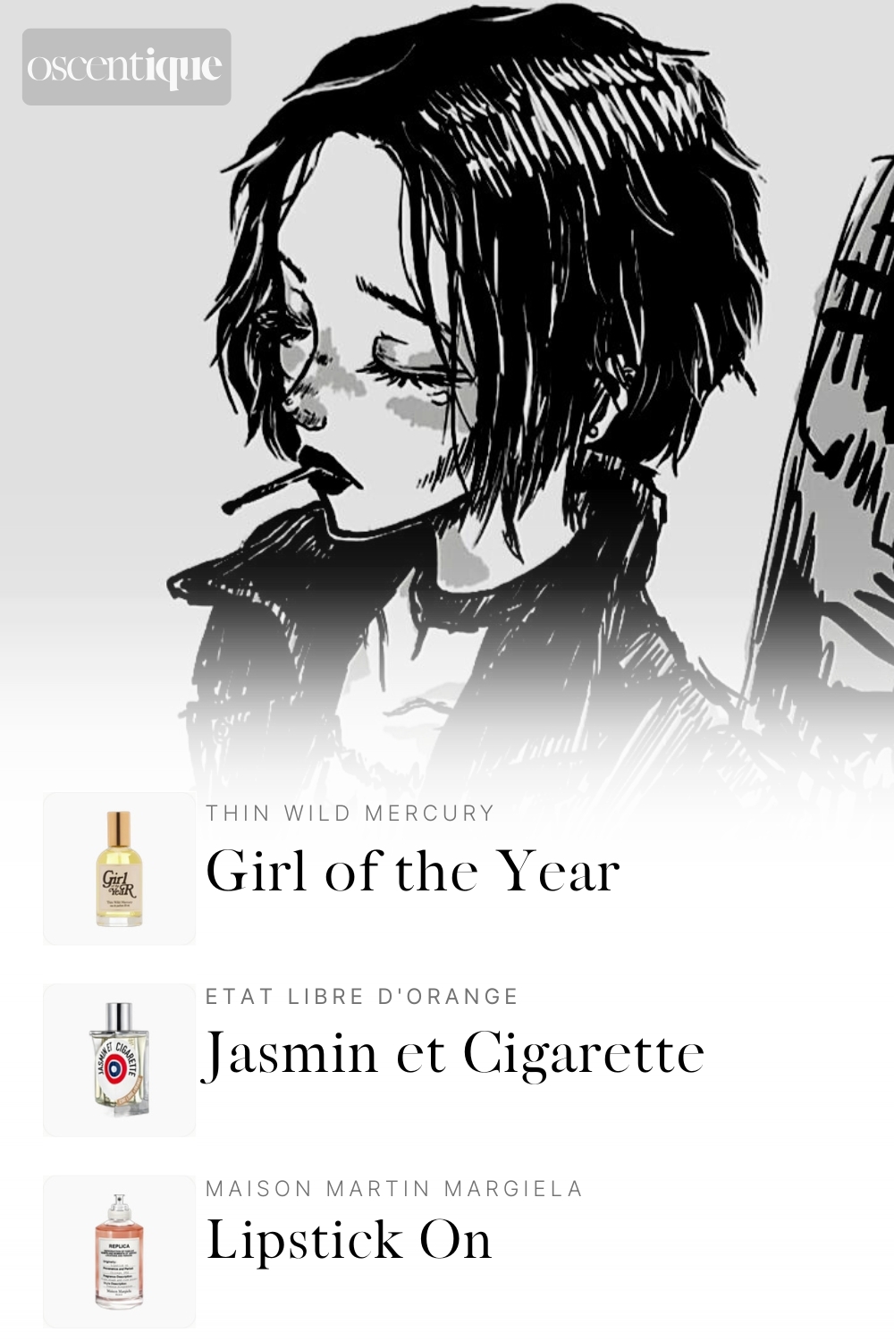 Black and white illustration of an anime girl inspired by Nana, holding a cigarette with a soft grunge and melancholic look. Below, three perfumes appear: Thin Wild Mercury Girl of the Year, Etat Libre d Orange Jasmin et Cigarette, and Margiela Lipstick On.