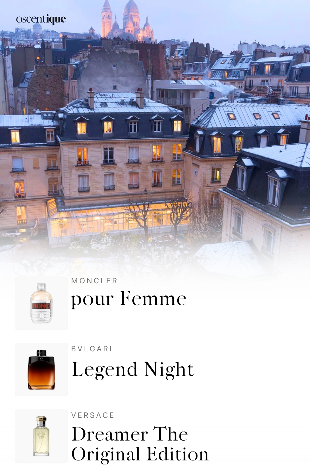 Snow-covered Paris rooftops in Montmartre with soft warm window lights.