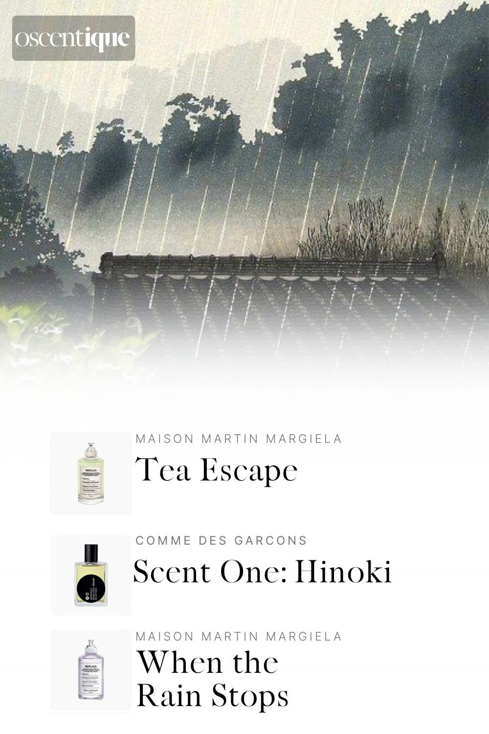 soft rain falls over a japanese roof surrounded by mist and trees, calm grey light filtering through