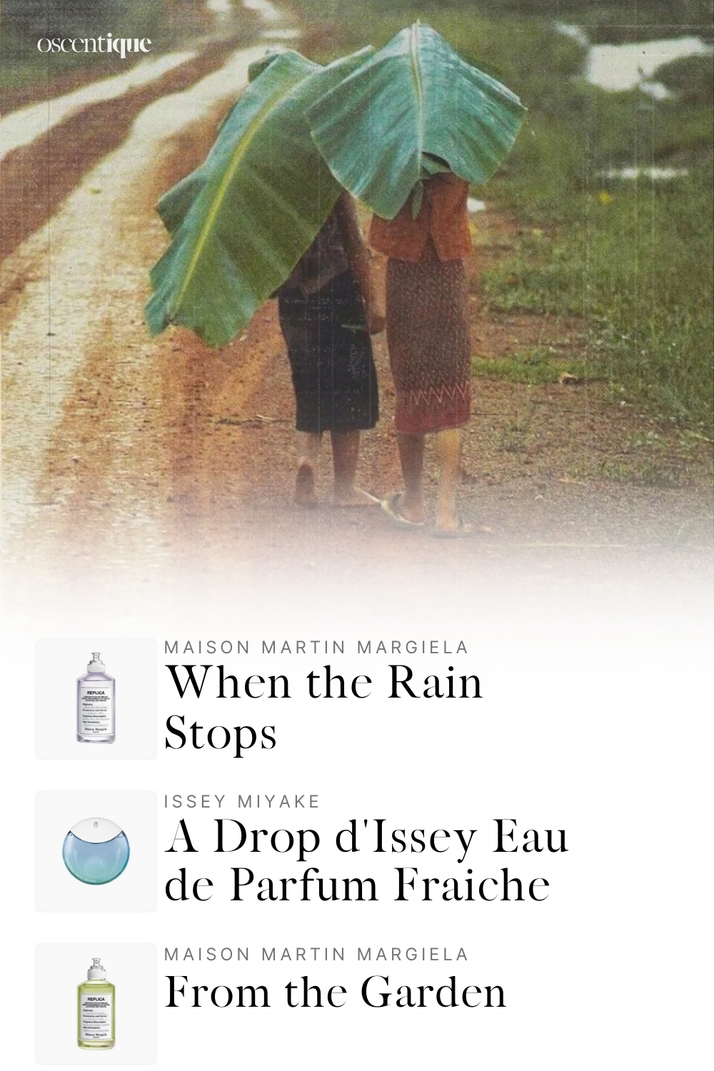 Two people walk barefoot on a wet dirt road, sharing shelter under large banana leaves. The scene feels earthy, quiet, and intimate. Featured fragrances: Chloé Nomade Absolu de Parfum, Maison Margiela When the Rain Stops, Rasasi Hawas Black.