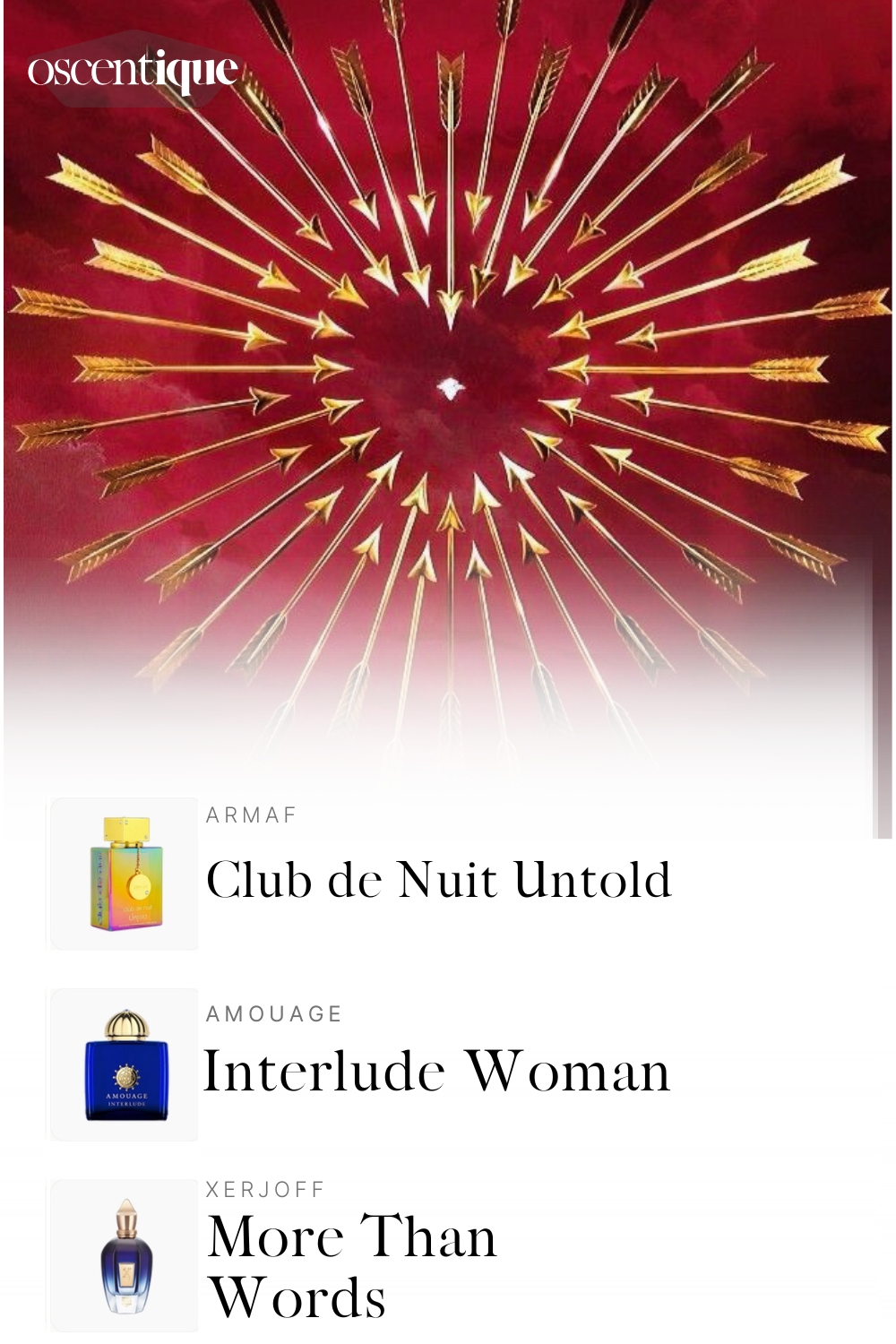 A red background with golden arrows arranged around a small white heart. The image feels dramatic and devotional. Below, three perfumes appear: Armaf Club de Nuit Untold, Amouage Interlude Woman, and Xerjoff More Than Words.