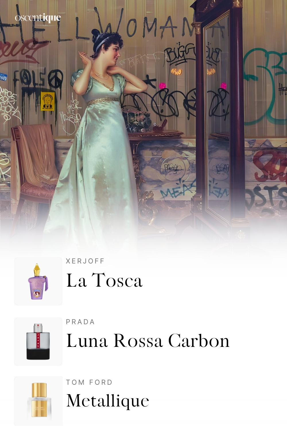 Woman in a pale silk gown standing in a graffiti-covered room. Soft elegance meets urban noise. Below, three perfumes appear: La Tosca, Luna Rossa Carbon, and Metallique.