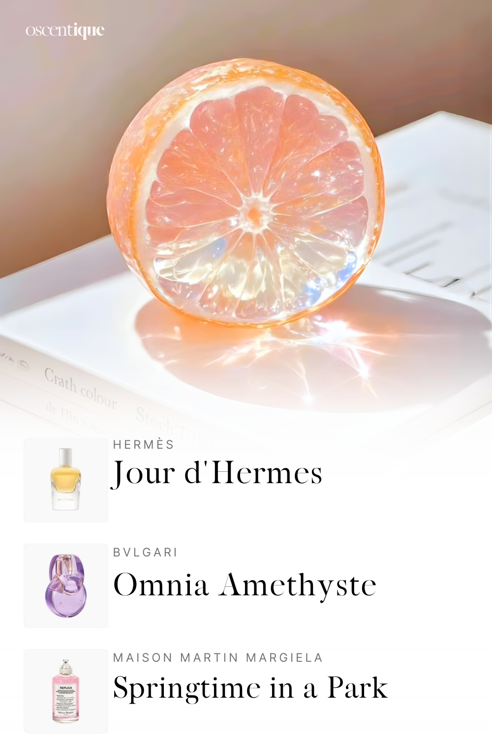 A glass-like grapefruit slice glowing in soft natural light on a book.