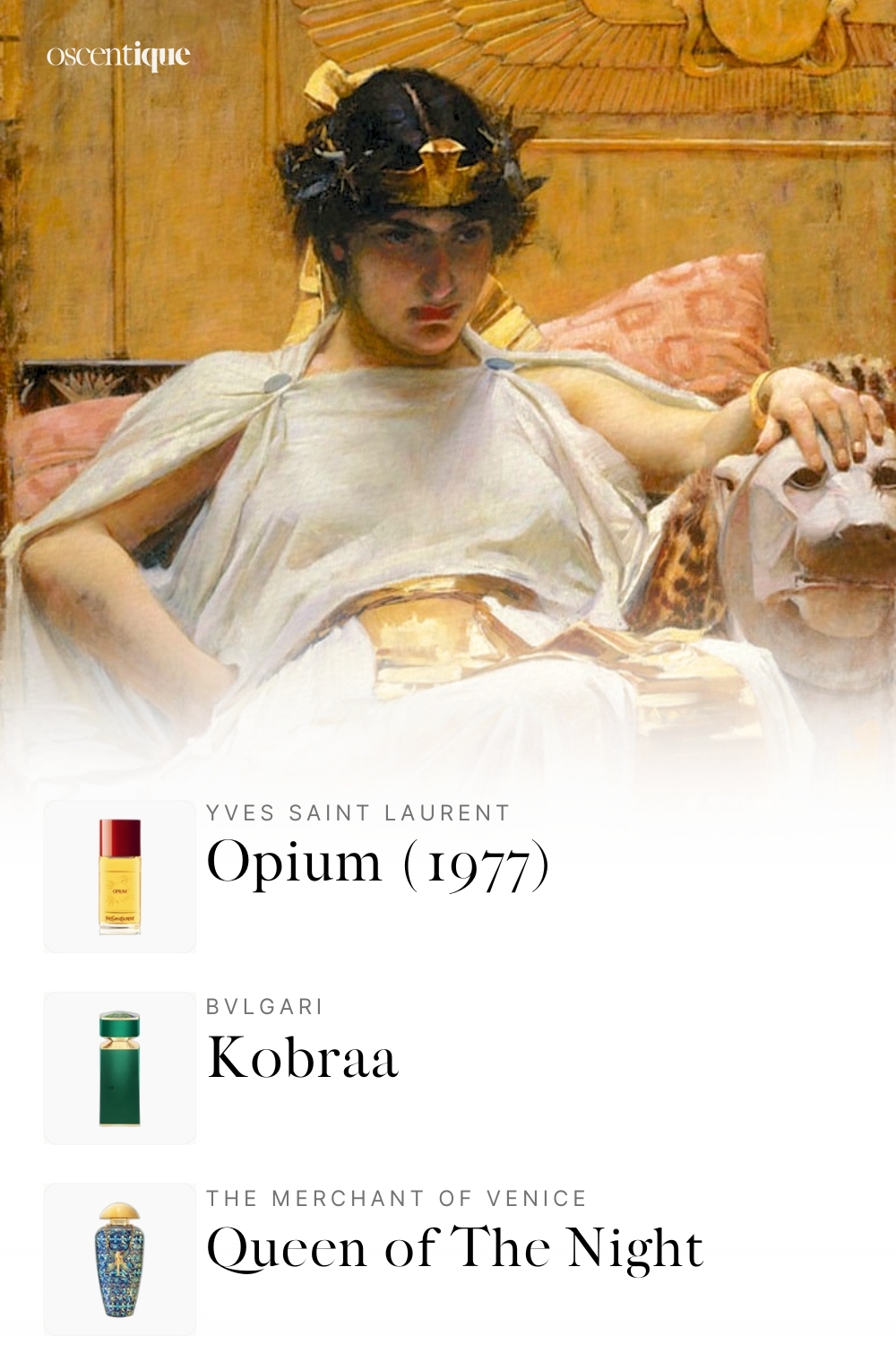 Classical painting of a dark-haired ruler in white drapery and golden crown, seated against warm gold panels with intense expression.