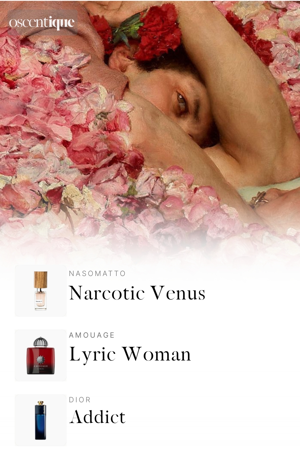A sensual figure surrounded by lush pink rose petals. Soft skin and blooming flowers intertwining. Below, three perfumes appear: Nasomatto Narcotic Venus, Amouage Lyric Woman, and Dior Addict.