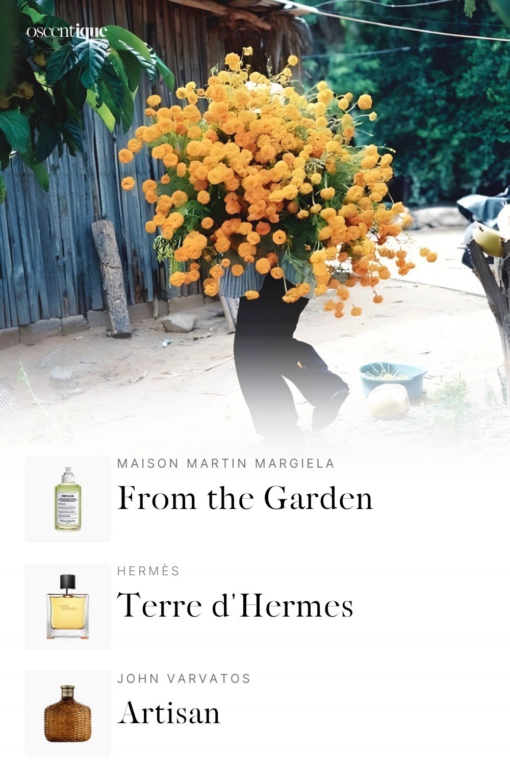 person walking outdoors carrying an oversized bouquet of bright yellow flowers that obscures their body, paired with three earthy, natural perfumes.