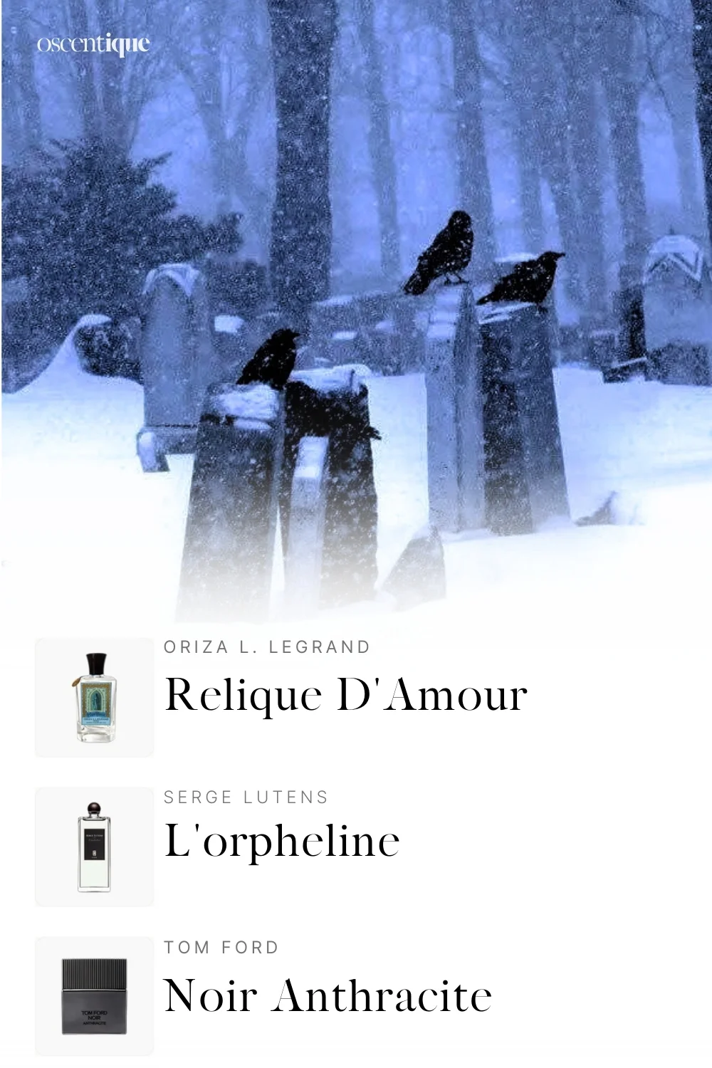 Snow-covered cemetery with black birds perched on gravestones, paired with three cold, incense-driven perfumes.