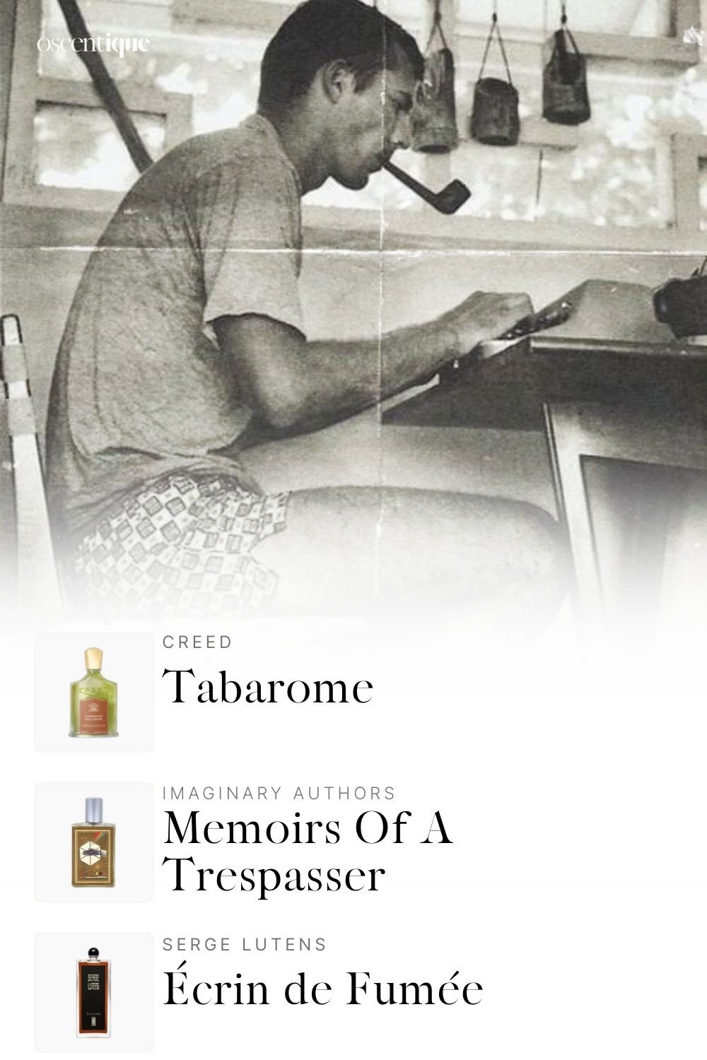 Black and white image of a man writing at a desk with a pipe, with three smoky, tobacco-based perfumes below.